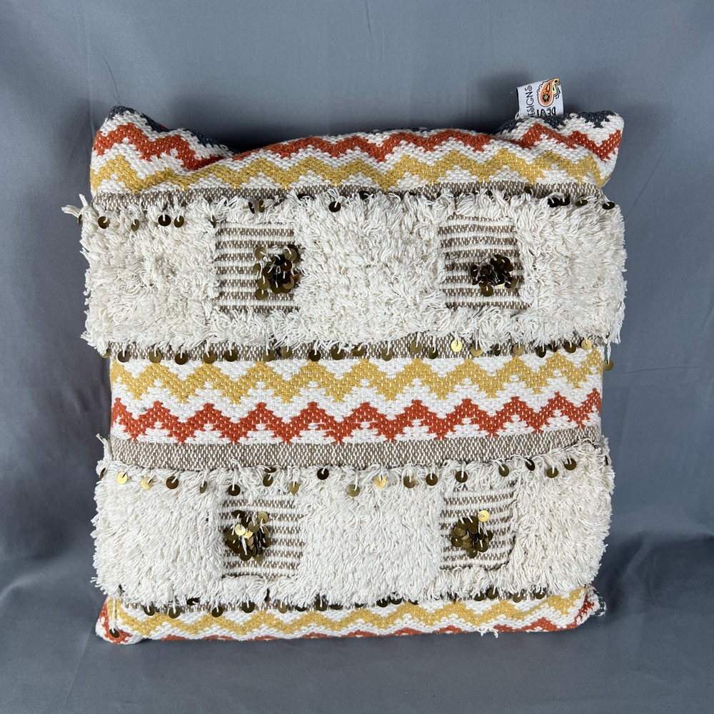 Devi Designs Throw Pillow 16x16 Multicolor Cotton Woven Boho Sequin Shag Tufted